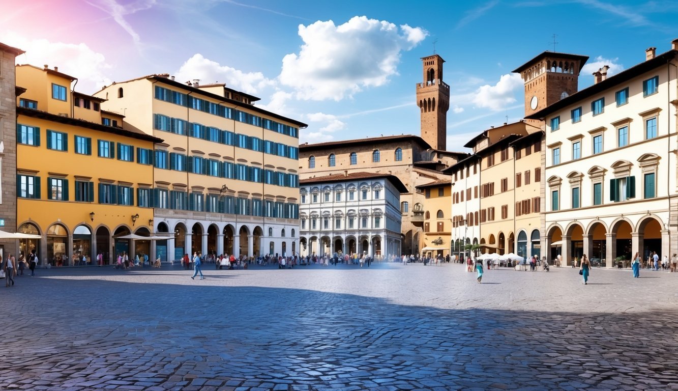 European town square with colorful buildings, people, and a clock tower