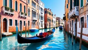 Gondola in a Venetian canal with colorful buildings on either side