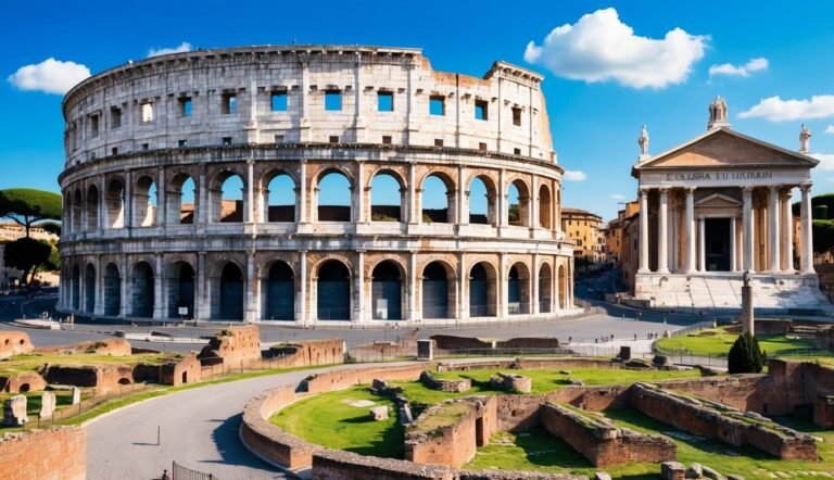 The Colosseum and a temple in Rome, Italy, under a blue sky