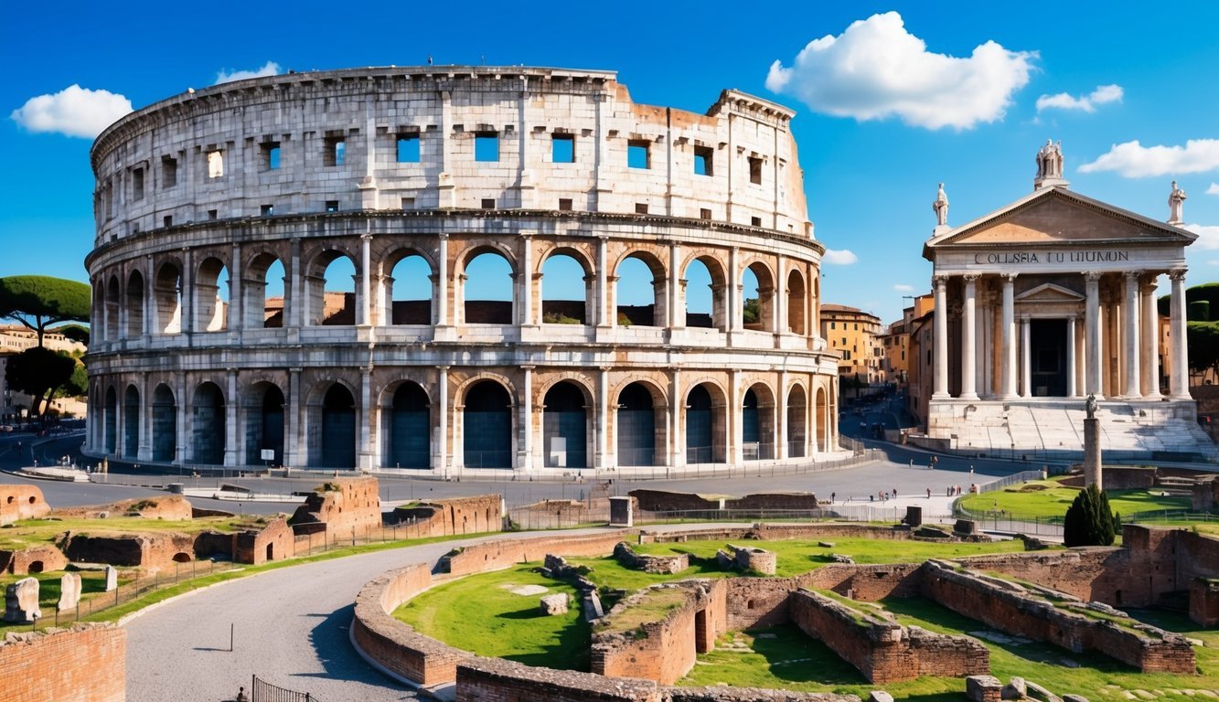 The Colosseum and a temple in Rome, Italy, under a blue sky
