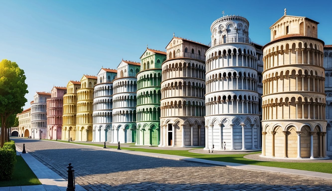 Row of colorful leaning towers along a cobblestone street