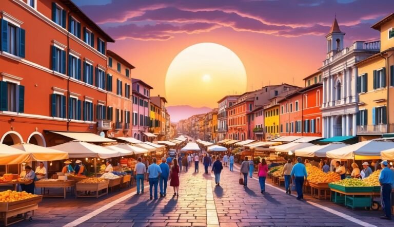 Street market with colorful buildings, people, and a large sunset