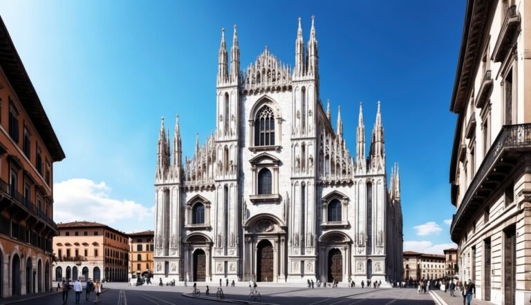 Milan Cathedral, a large white Gothic church, stands in a city square
