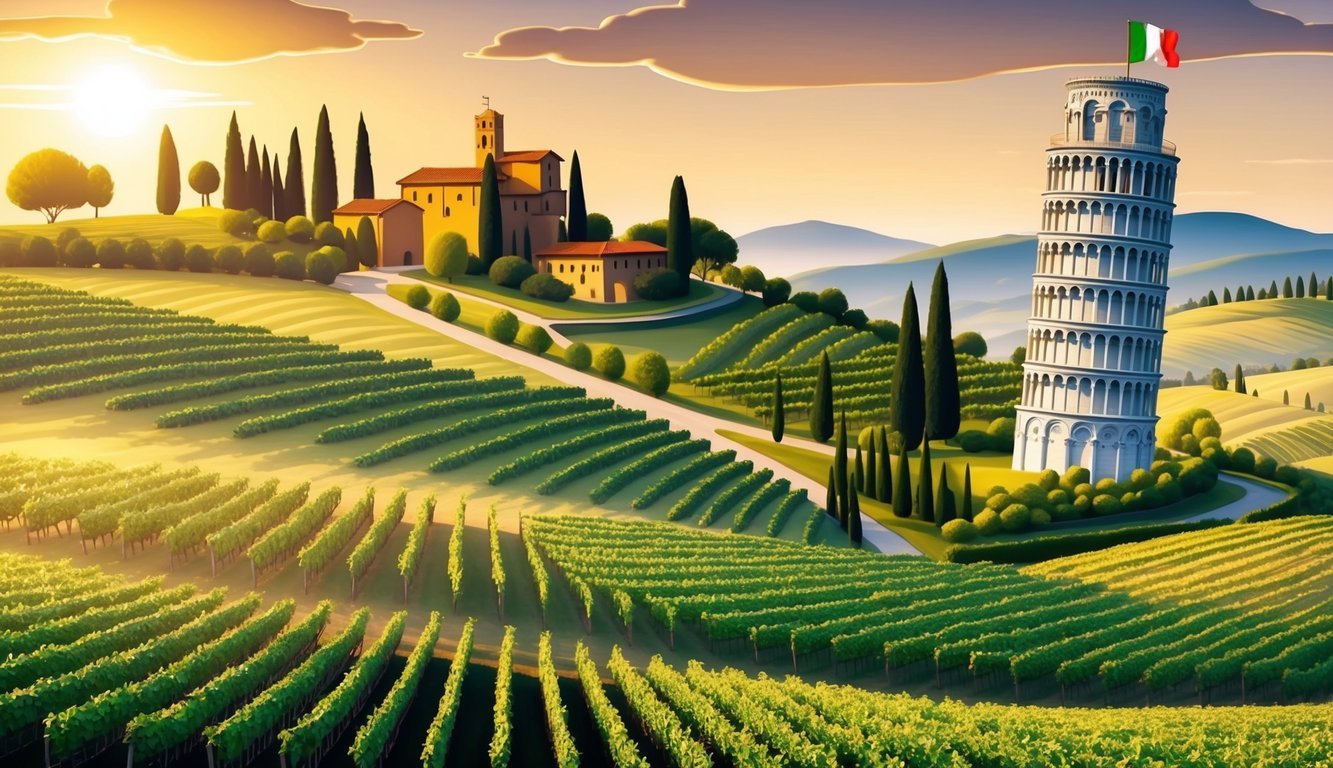 Rolling hills and vineyards surround the iconic leaning tower of Pisa, Italy.</p><p>The warm sunlight bathes the picturesque landscape in a golden glow