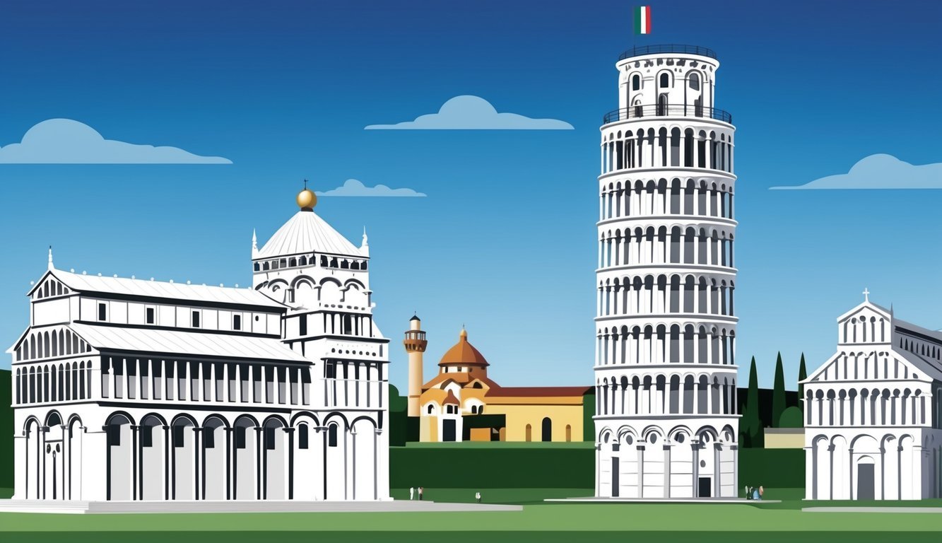 A modern cityscape of Pisa, Italy, featuring the iconic leaning tower and other architectural landmarks against a clear blue sky