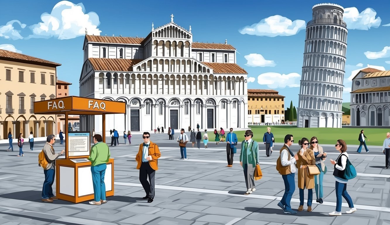 A bustling square in Pisa, Italy, with a prominent FAQ kiosk and tourists milling about.</p><p>The iconic Leaning Tower looms in the background