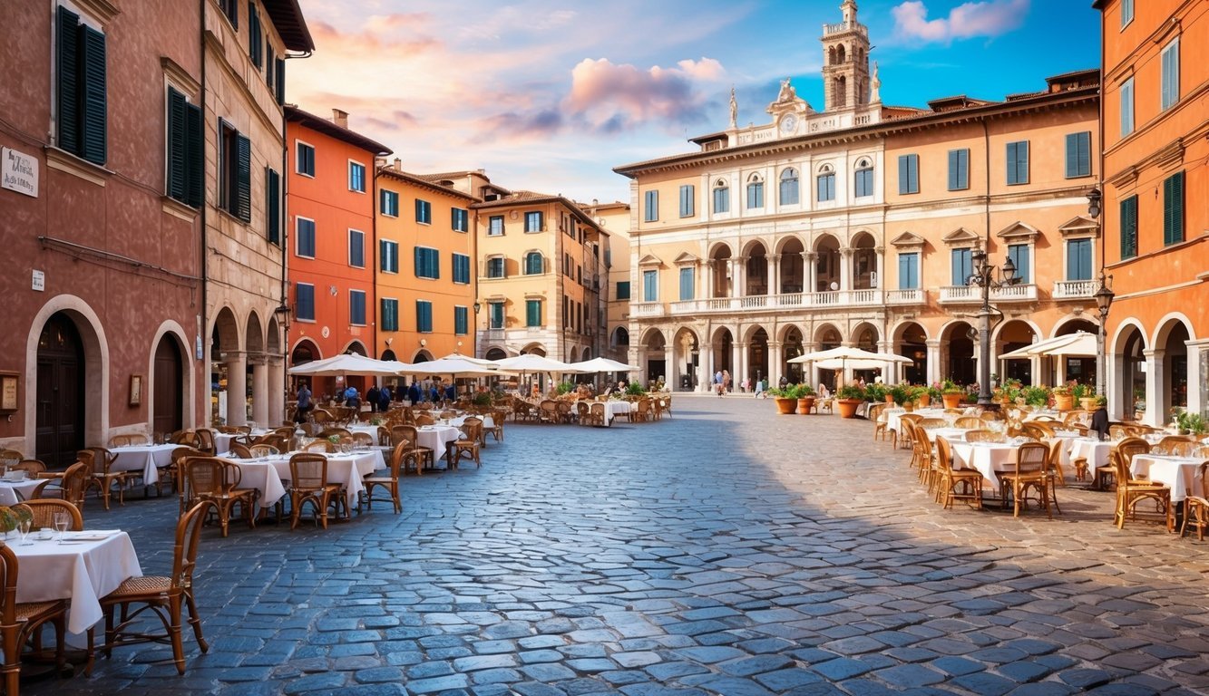Cobblestone square with outdoor restaurants and colorful buildings in Italy