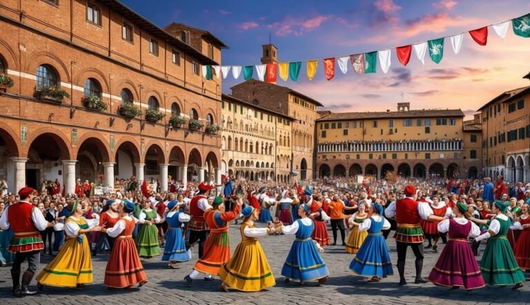 Medieval festival with dancers in colorful costumes in a town square