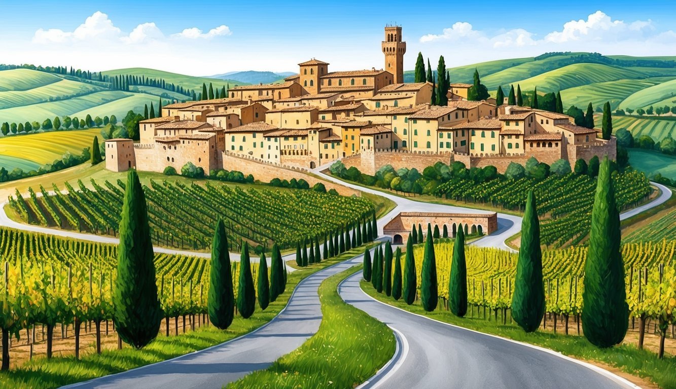 Rolling hills and vineyards surround a medieval town in Siena, Italy.</p><p>Cypress trees line the winding roads leading to the historic city