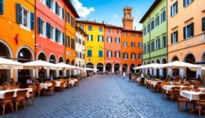 Colorful buildings surround a cobblestone square with outdoor restaurants and a tower