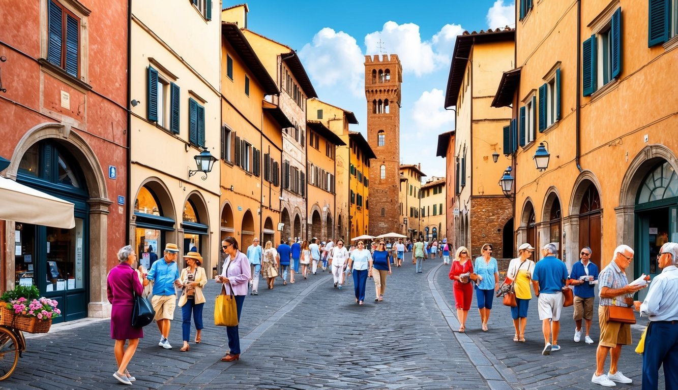 A bustling street in Siena, Italy with medieval architecture, narrow cobblestone alleys, and tourists browsing through shops and cafes