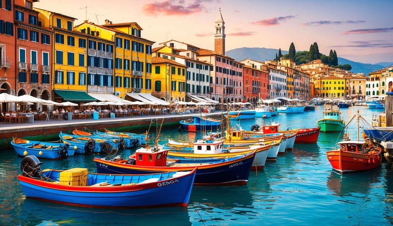 Colorful boats docked in a canal lined with vibrant buildings and restaurants