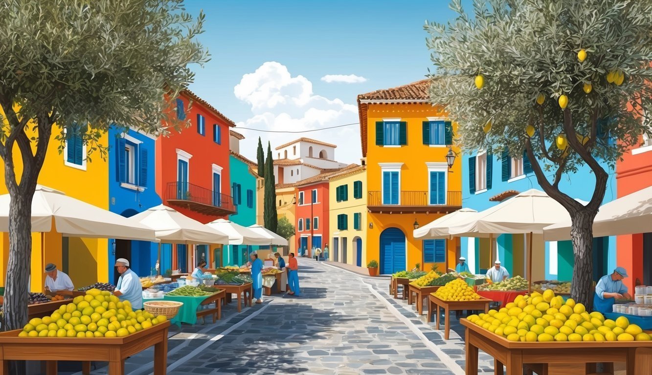 Colorful street market with fruit stands, trees, and vibrant buildings