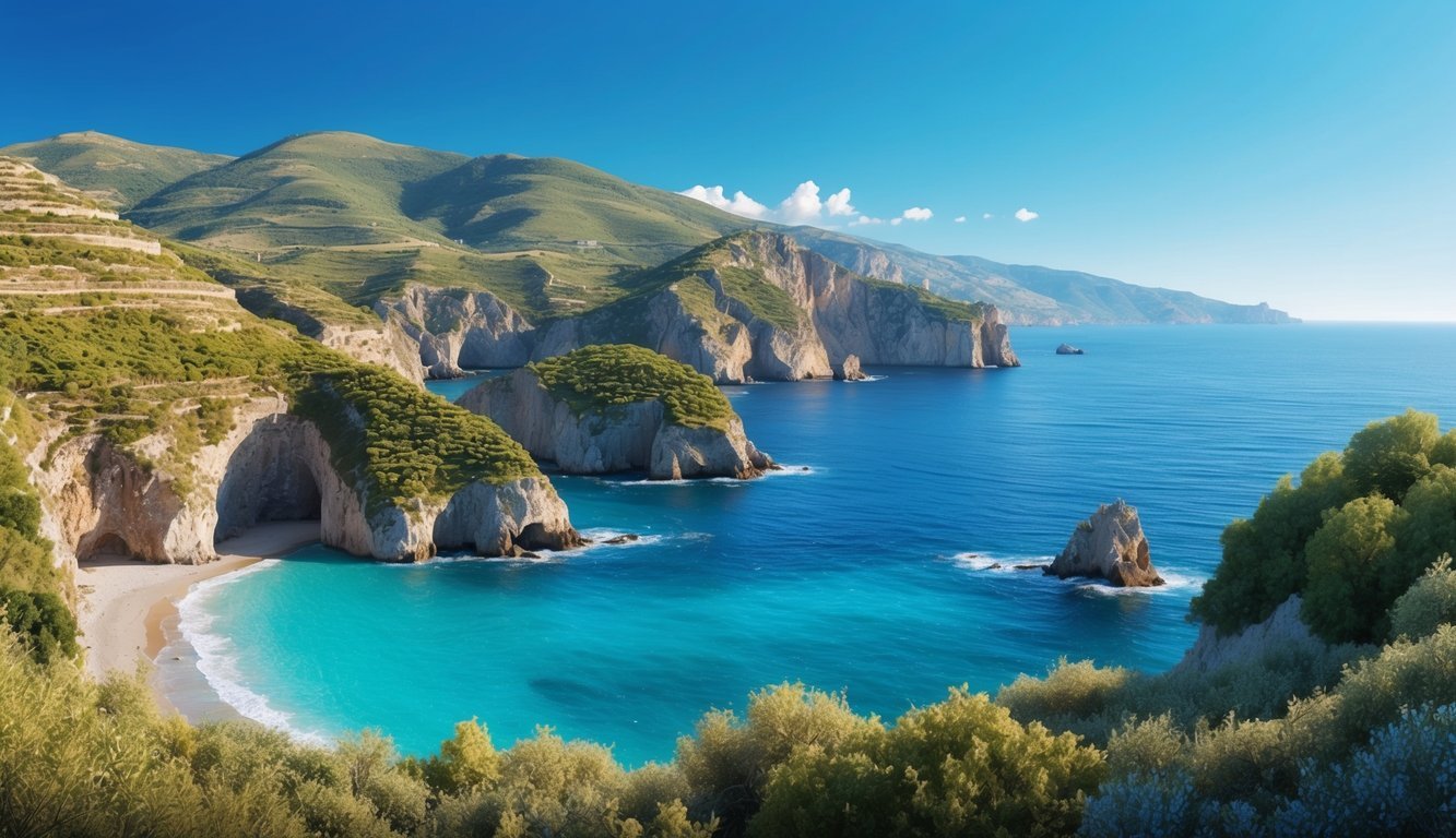A rugged coastline with turquoise waters, towering cliffs, and lush greenery, set against a backdrop of rolling hills and a clear blue sky in Sicily, Italy