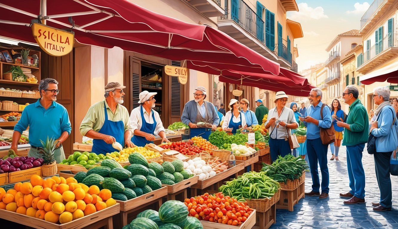 A bustling marketplace in Sicily, Italy, with vendors selling fresh produce and local goods while tourists ask questions