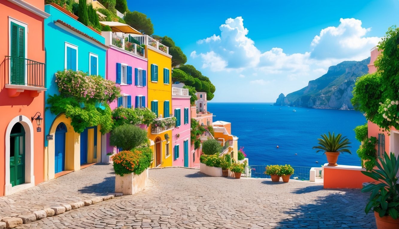 Colorful buildings on a cobblestone street overlooking a blue sea
