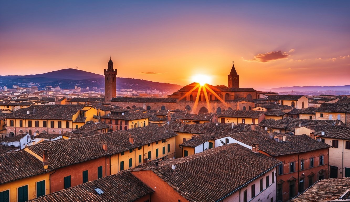 Cityscape at sunset with church, towers, and colorful buildings
