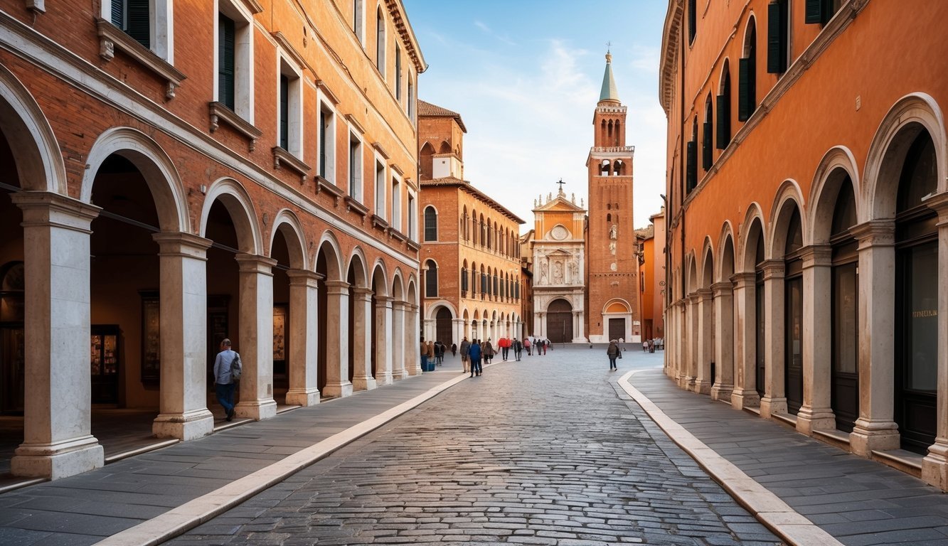 Cobblestone street in Italian town, with arched buildings and a church tower