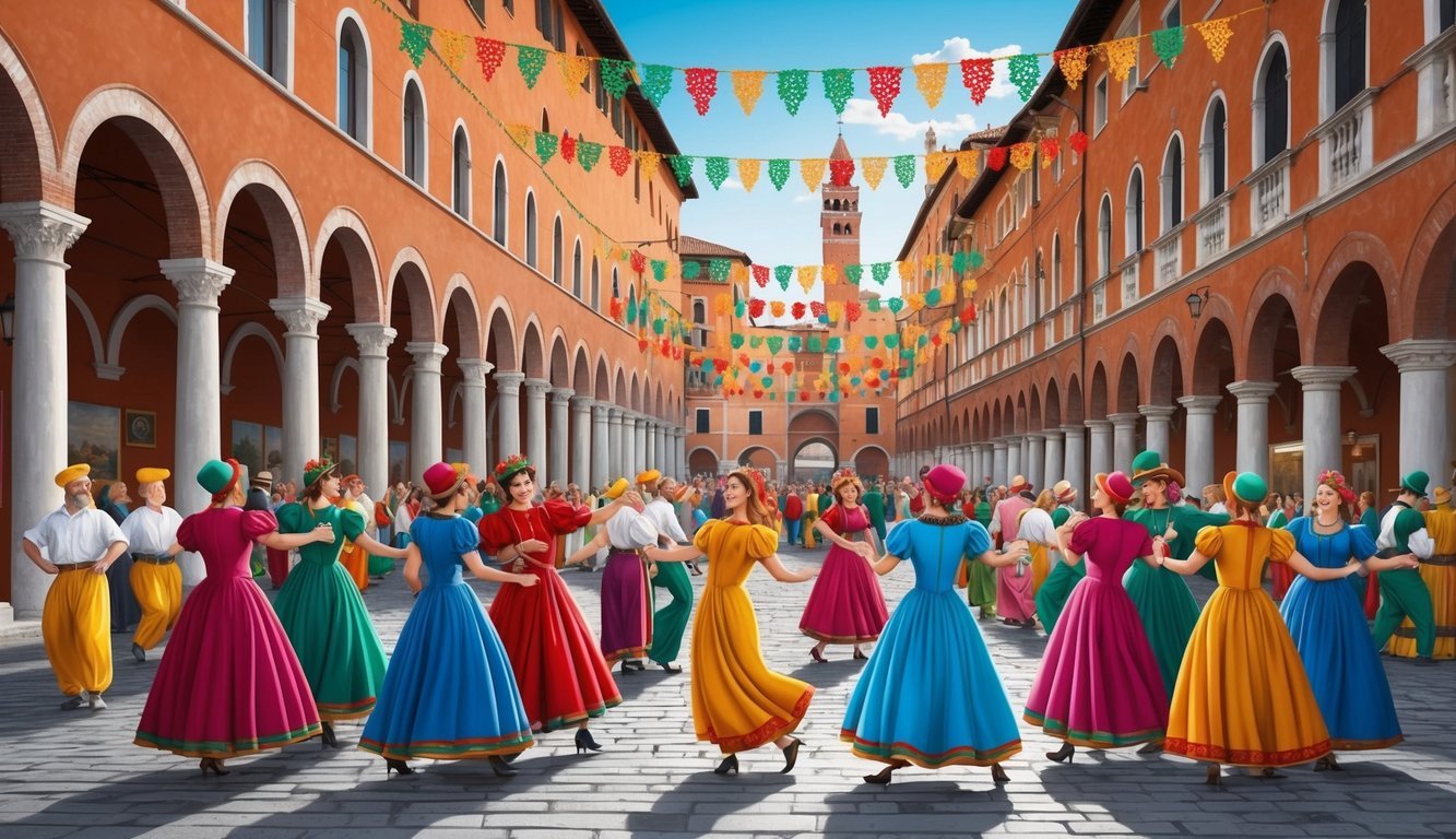 A lively festival in Padua, Italy, with colorful decorations, music, and dancing