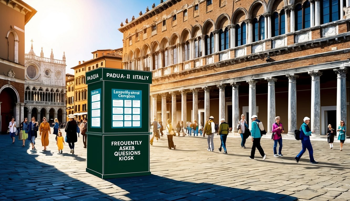 A bustling square in Padua, Italy, with a historic building housing a "Frequently Asked Questions" kiosk.</p><p>Tourists and locals pass by under the warm Mediterranean sun