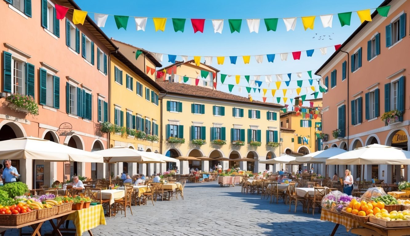 European town square with restaurants, market stalls, and colorful bunting