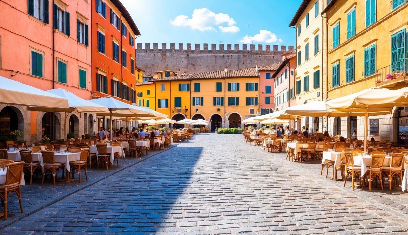 A bustling piazza in Lucca, Italy, with cobblestone streets, colorful buildings, outdoor cafes, and a view of the historic city walls