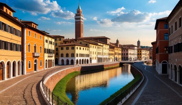 Colorful buildings line a canal with a tall brick tower in the distance