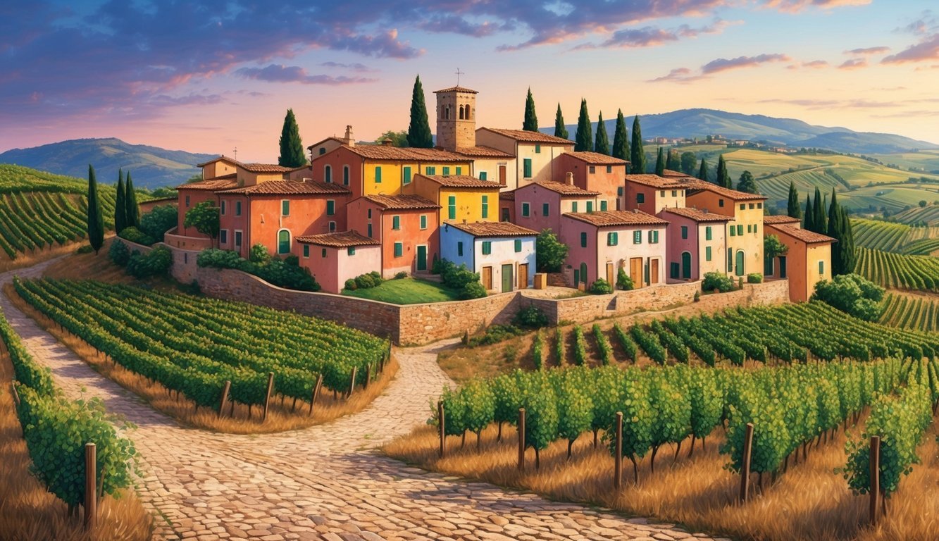 Colorful village nestled in vineyards under a sunset sky