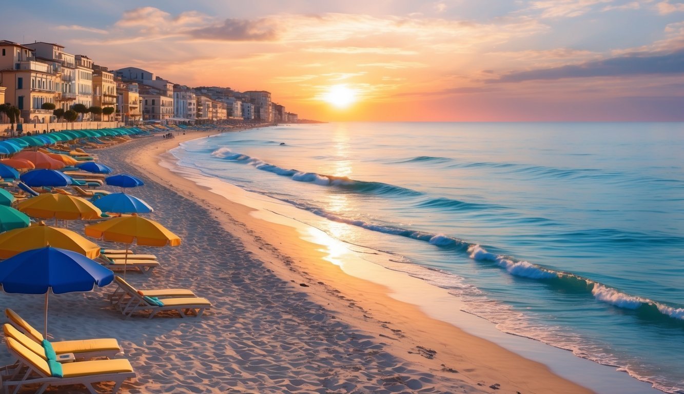 Beach scene at sunset with colorful umbrellas and buildings