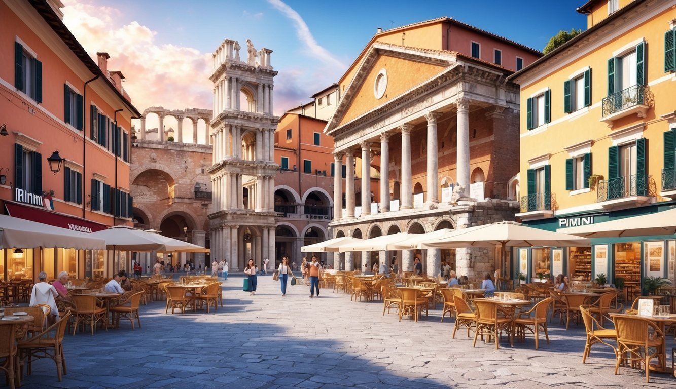 A bustling town square in Rimini, Italy, with ancient Roman ruins juxtaposed against modern cafes and shops.</p><p>The vibrant atmosphere reflects the rich history and culture of the city