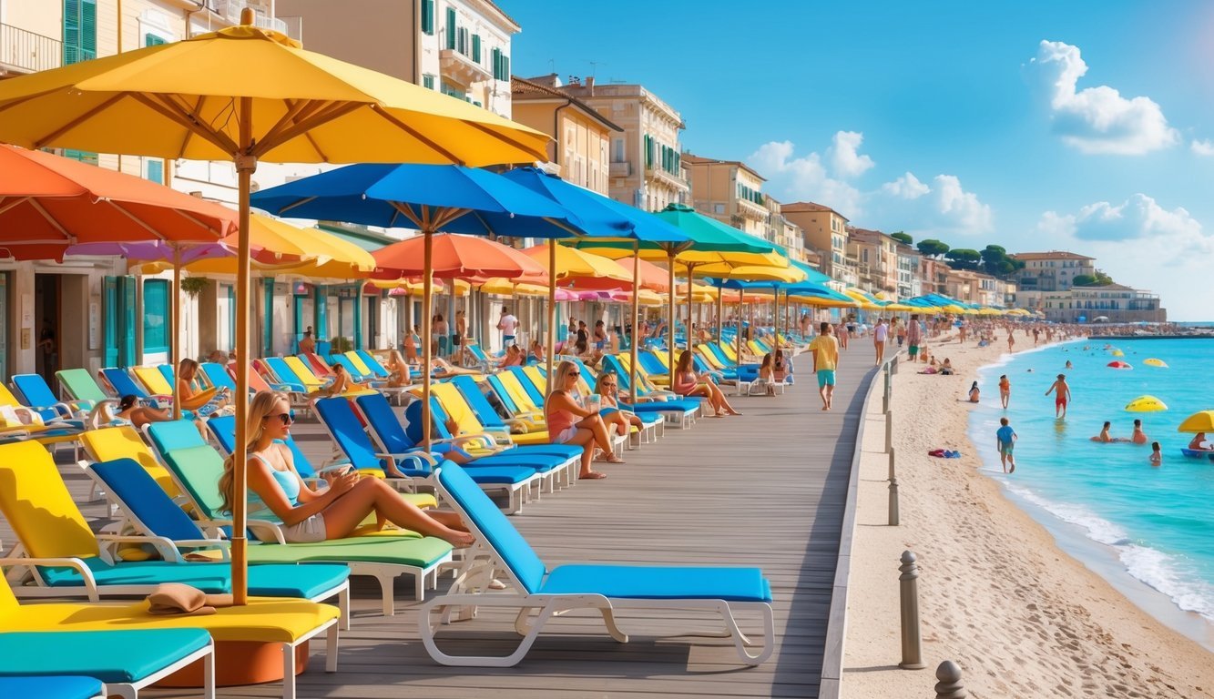 A bustling boardwalk lined with colorful umbrellas and beach chairs, with people enjoying the sun, sand, and various recreational activities in Rimini, Italy