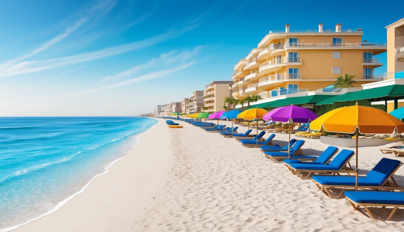 A beachfront hotel in Rimini, Italy with colorful umbrellas and lounge chairs lining the sandy shore, while a gentle sea breeze ripples through the clear blue waters