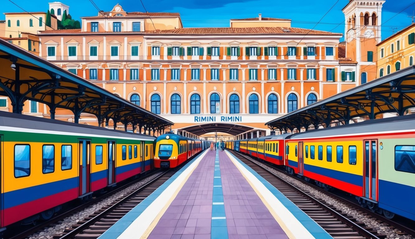 A colorful train station in Rimini, Italy, with bustling platforms and a backdrop of historic architecture