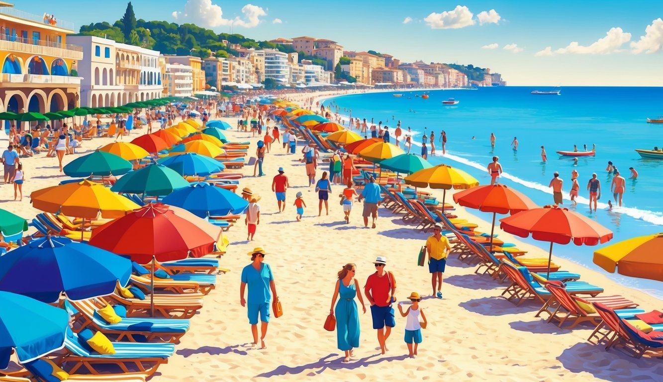 A vibrant beach lined with colorful umbrellas, bustling with tourists and locals enjoying the annual events and highlights in Rimini, Italy