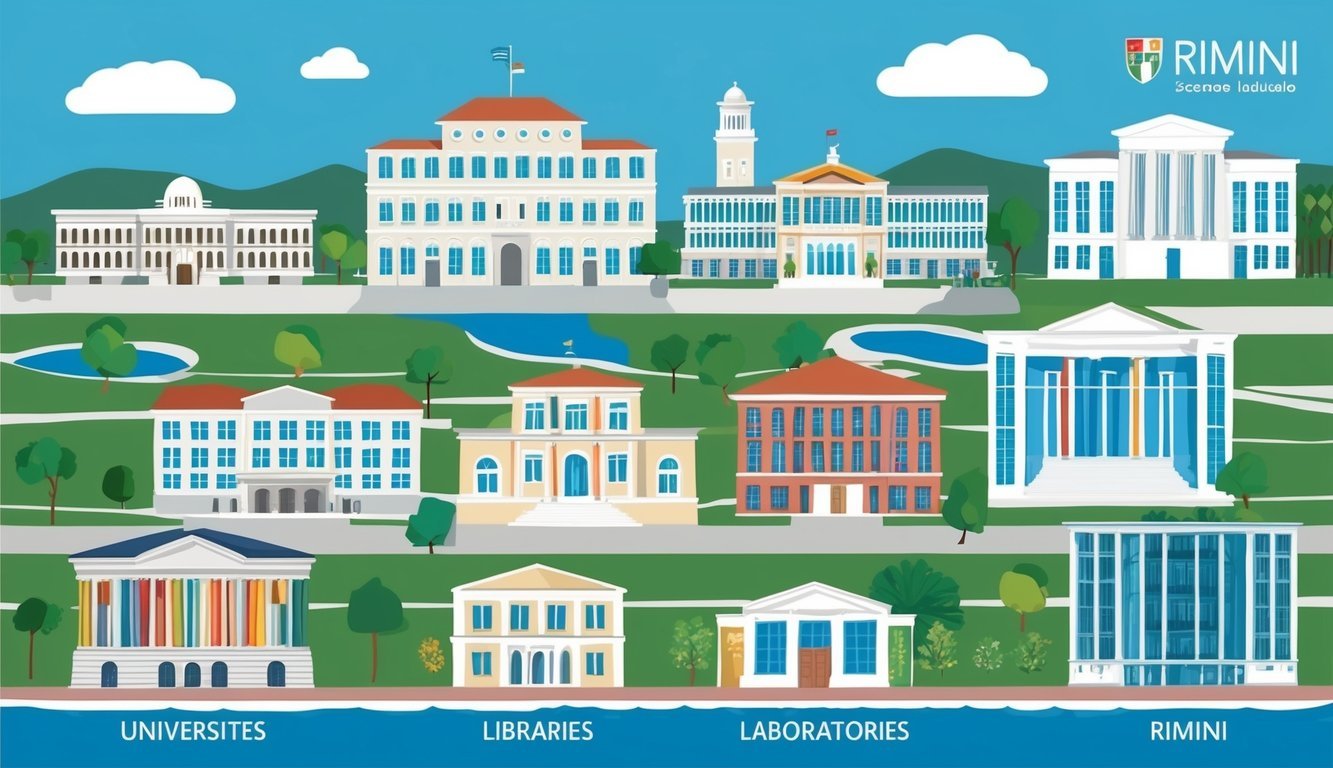 The scene features various educational and research institutions in Rimini, Italy, including universities, libraries, and laboratories
