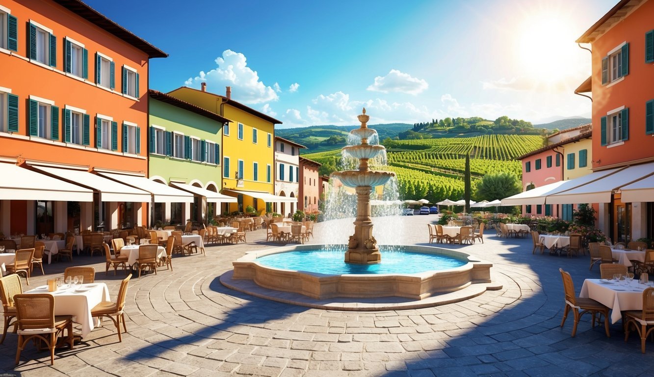 Colorful buildings surround a fountain and outdoor dining area with vineyards in the background