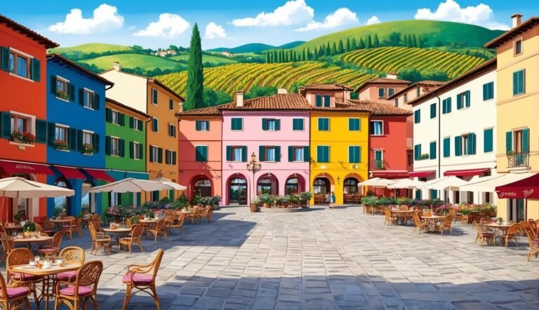 Colorful buildings surround a plaza with outdoor cafes and a vineyard backdrop