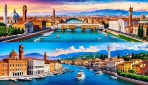 Two panoramic views of a European city with a river and bridges