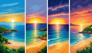 Four beach scenes with sunset over the ocean, each with different colors