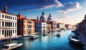Venice canal with boats, buildings, and a church under a blue sky