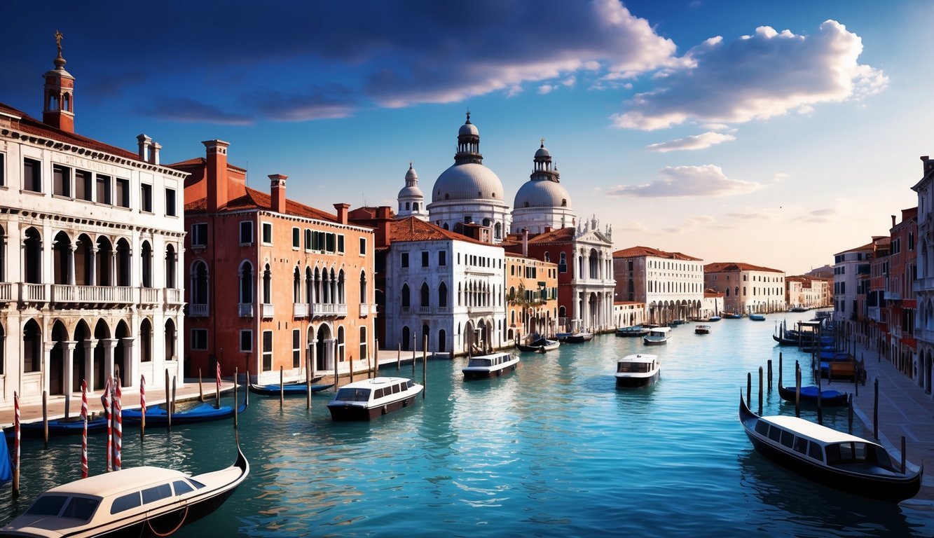 Venice canal with boats, buildings, and a church under a blue sky