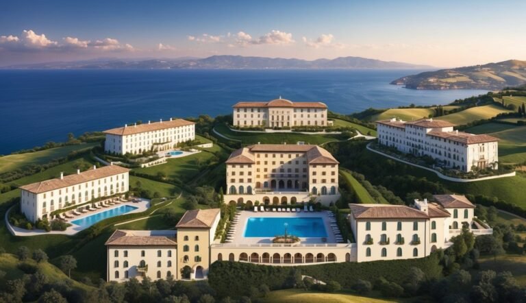 Luxury resort with multiple buildings, pools, and ocean view