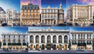 Collage of architectural renderings of luxury buildings in Milan, Italy