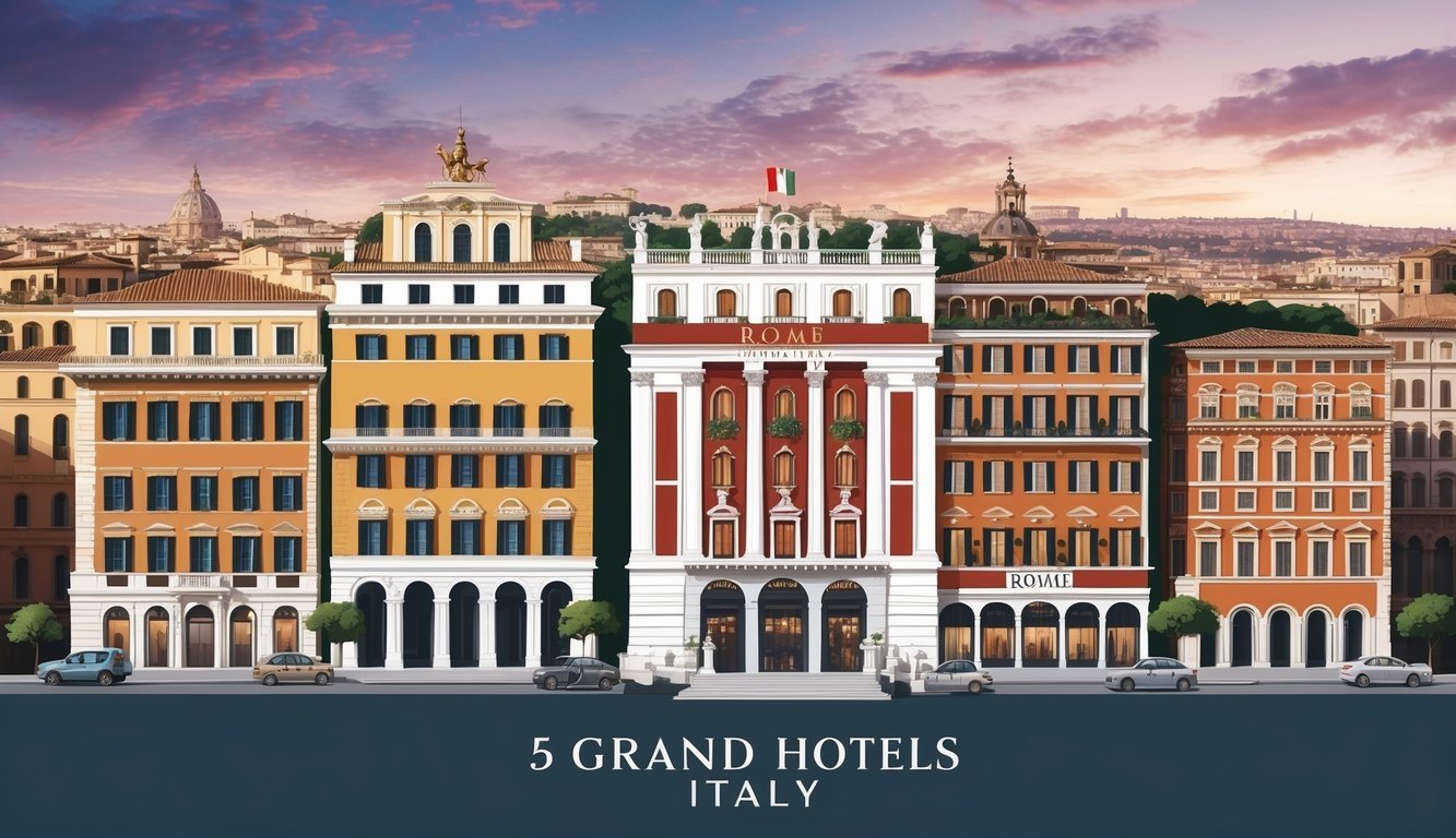 Illustration of five grand hotels in Rome, Italy, with a cityscape background