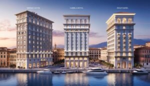 Three luxury hotels on a waterfront with boats and cars