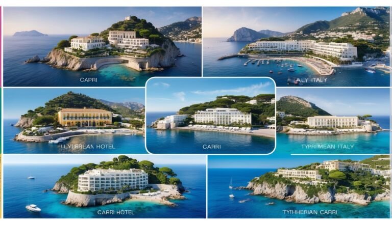 Collage of luxury hotels on islands in the Mediterranean Sea