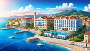 Coastal resort town with hotels, beach, pool, and mountains in the background