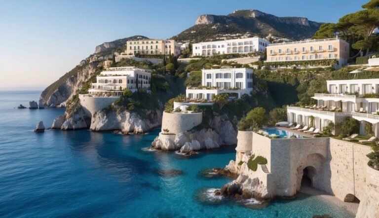 Luxury cliffside resort with white buildings, pool, and turquoise water