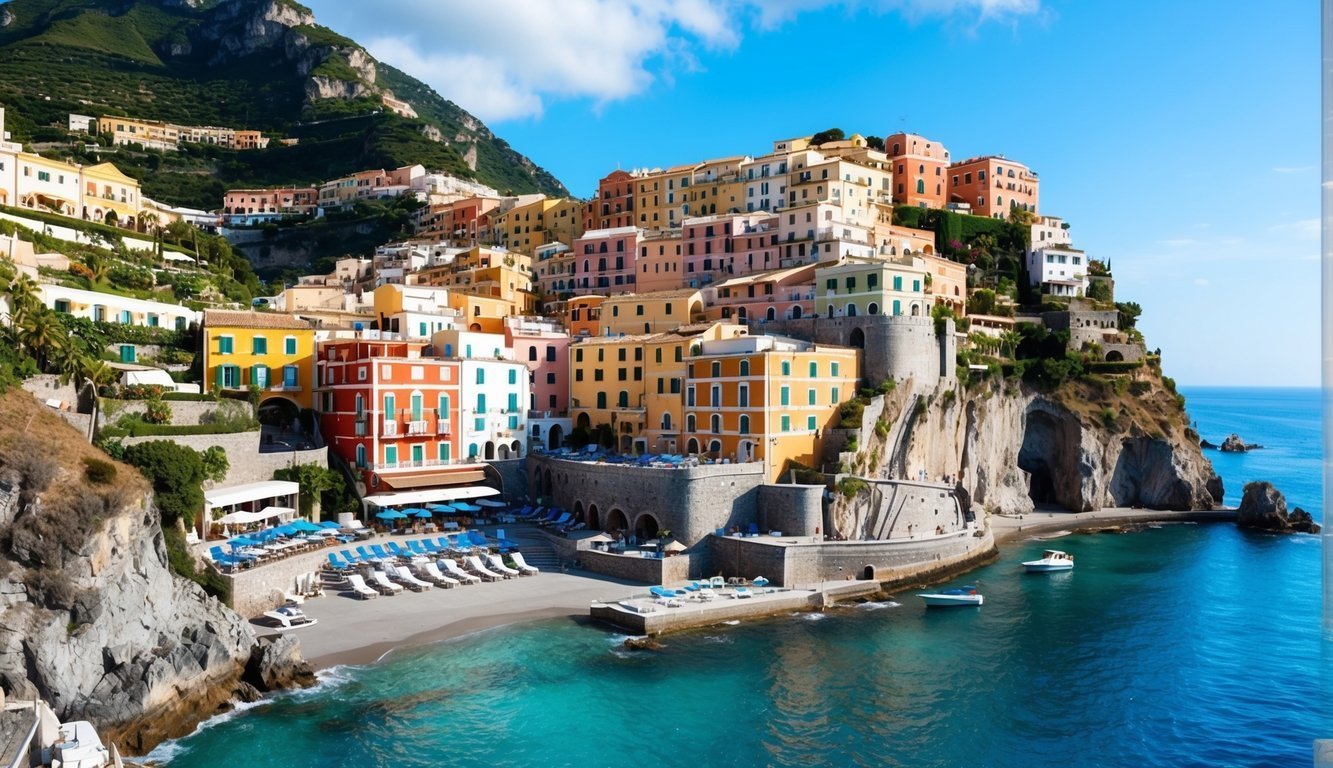 Colorful coastal town with buildings on a cliff, beach, and blue sea