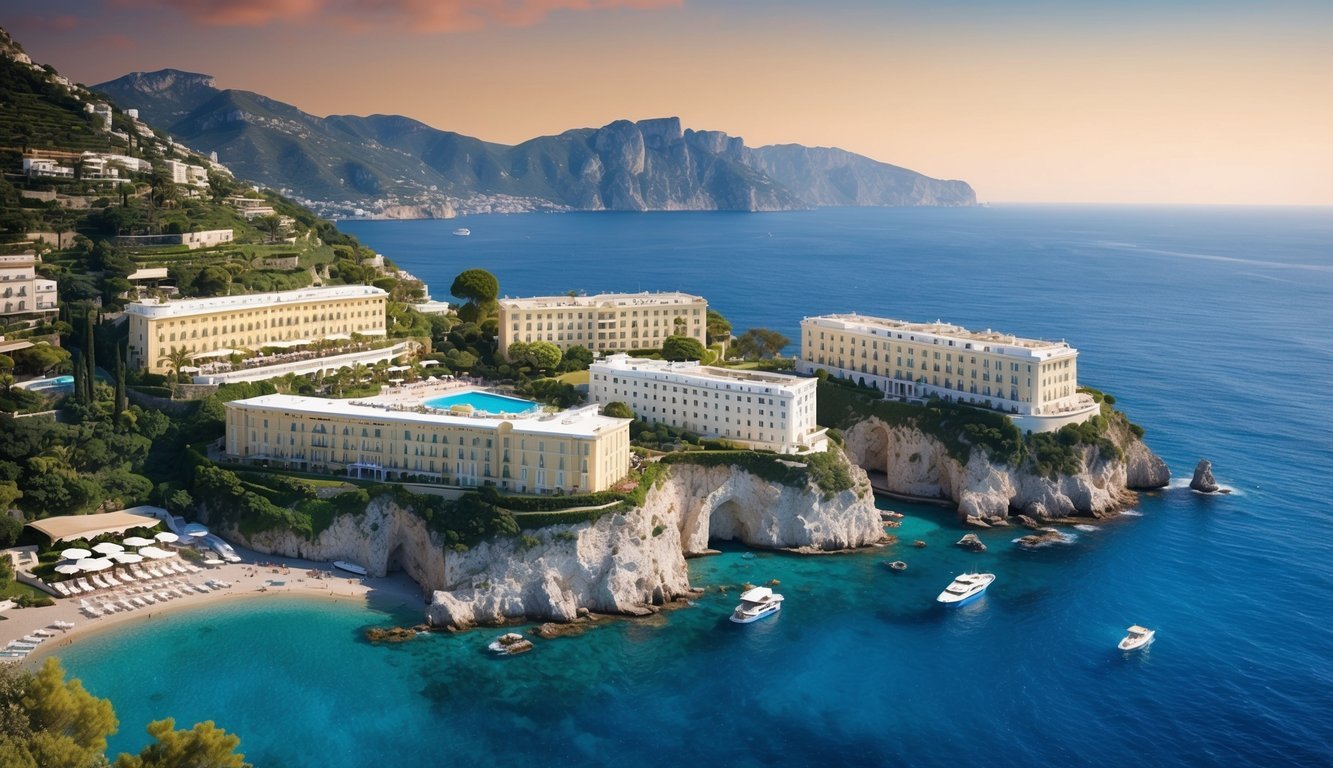 A panoramic view of Capri's coastline with six opulent hotels nestled among the cliffs overlooking the azure waters of the Mediterranean Sea